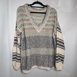 Lavender J Multicolor Open Knit Pullover Sweater Striped V Neck M/L Boho Cozy‎